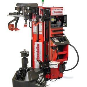 Image of the Hunter Revolution TCRH tyre changer. The large red machine has a high tech display for easier tyre changes.